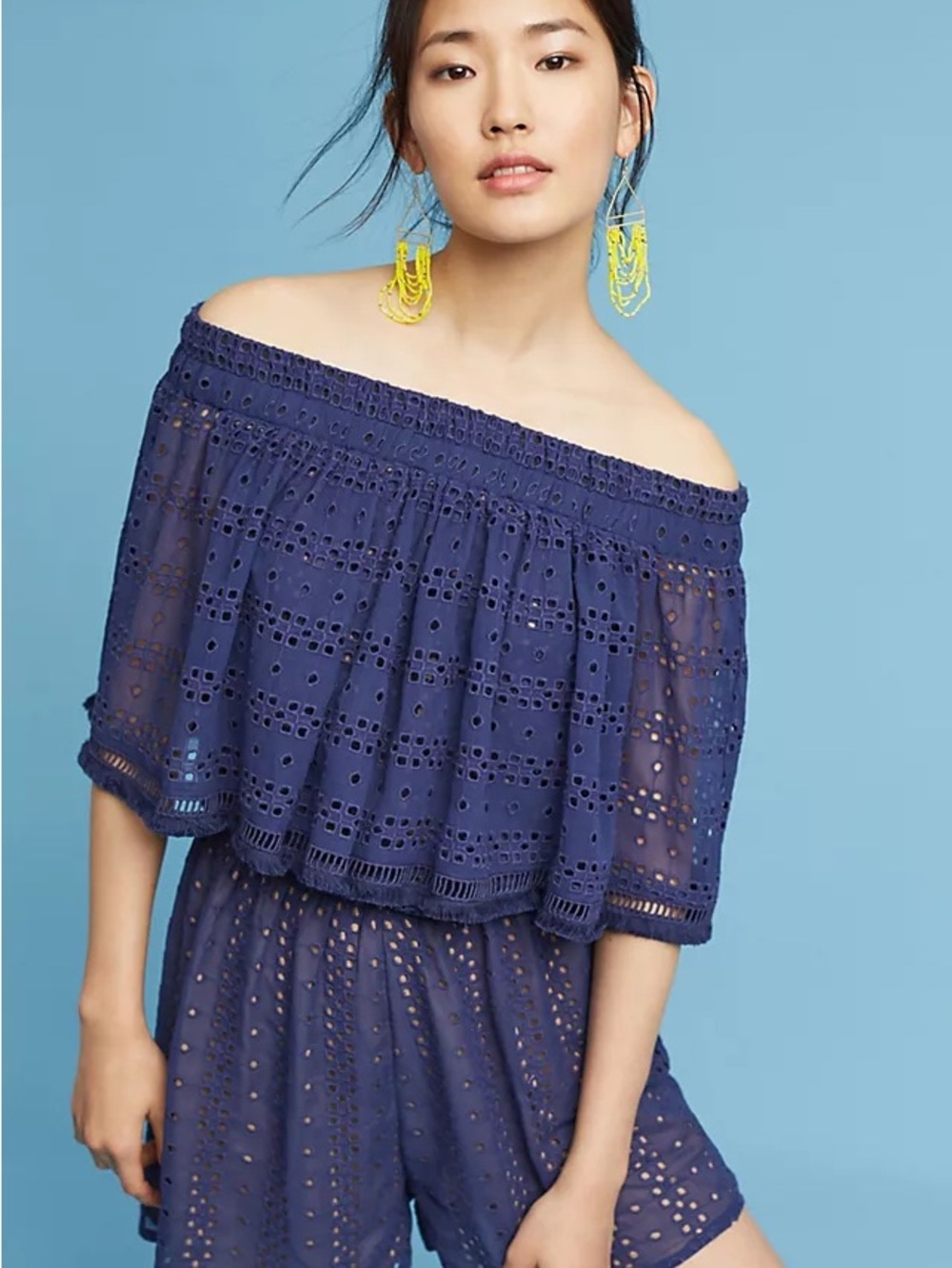 Anthropologie Tiered Off The Shoulder Eyelet Romper